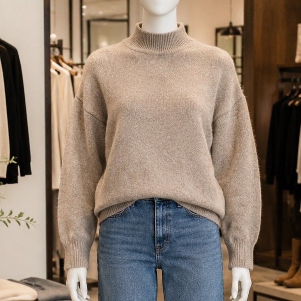 H&M Womens Sweater Tan Heather Mock Neck Wool Blend Oversized L